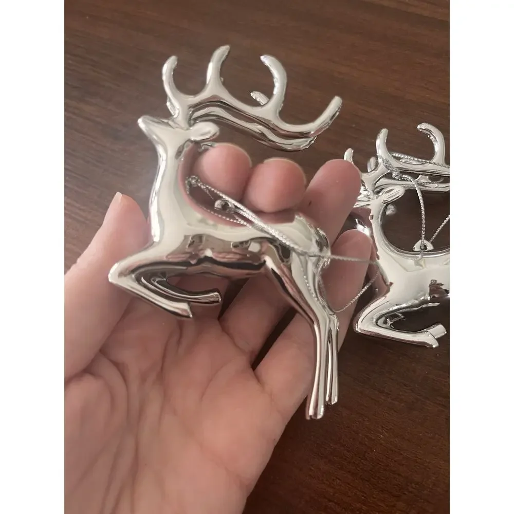 Vintage 2 Silver Metal Reindeer Elk Ornaments Christmas Decor Holiday Glossy